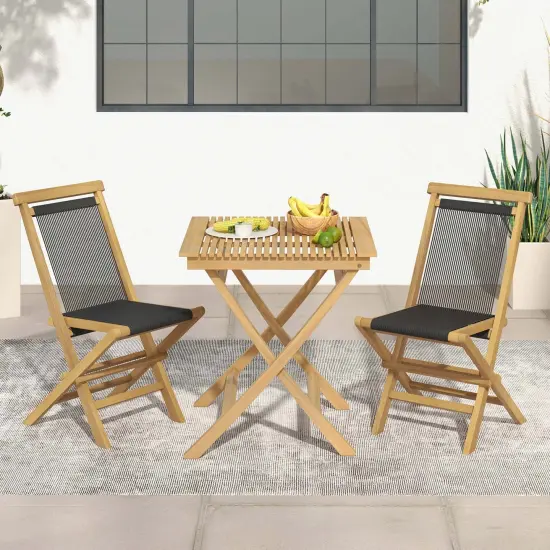 Costway 2/4 PCS Patio Folding Chairs with Woven Rope Seat & Back Indonesia Teak Wood for Porch Natural&Black {4}