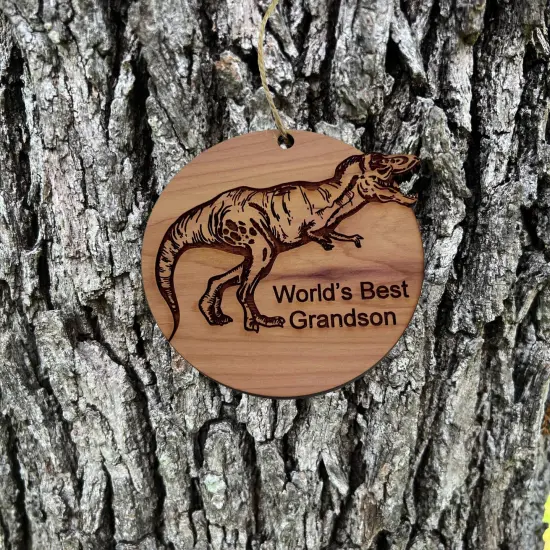TRex Dinosaur Worlds Best Grandson - Cedar Ornament {2}