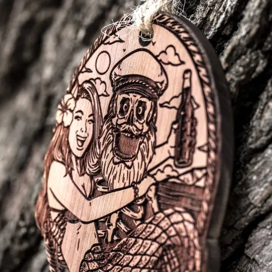 Mermaid and Pirate - Raw Cedar Ornament 3x3in {2}