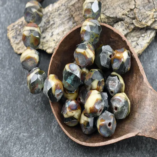 *15* 9mm Blended Aqua Ivory Picasso Central Cut Round Beads {2}