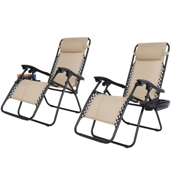2 Zero Gravity Reclining Chairs Folding Garden Lounge Beach Lawn with Trays {1}