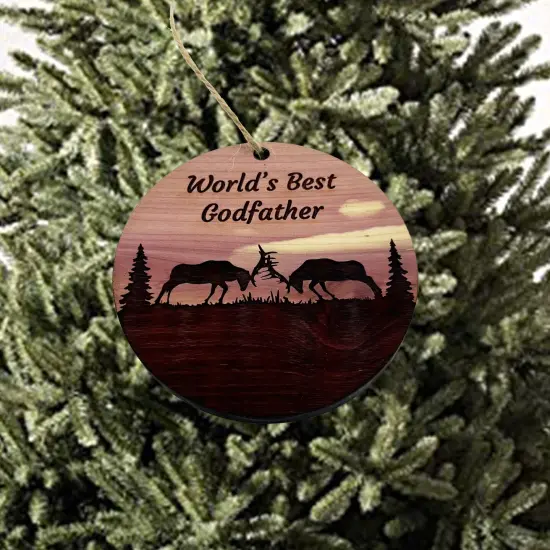 Worlds Best Godfather Elk Battle - Cedar Ornament {2}