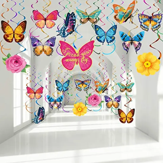 30 Pieces Butterfly Flowers Hanging Swirl Decorations Summer Butterfly Floral Baby Shower Foil Ceiling Streamers for Women Girl Kids Wedding Birthday Mother's Day 1st Birthday Party Supplies (Elegant) {3}