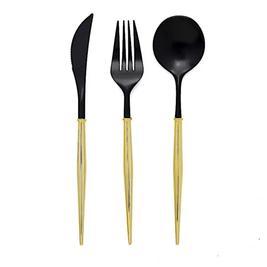 Heavy-duty Plastic Cutlery 24 pcs Black and gold {1}