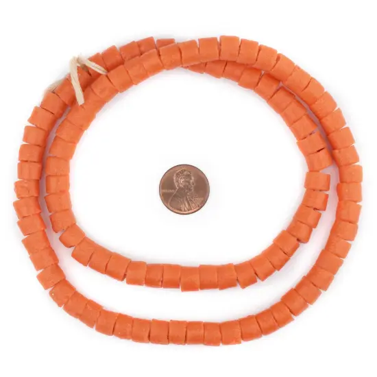 TheBeadChest Tangerine Orange Sandcast Cylinder Beads 9mm Ghana African Glass Large Hole 26 Inch Strand Handmade {2}