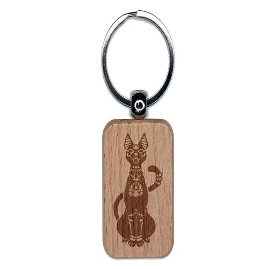 Bastet Feline Egyptian Cat Goddess Engraved Wood Rectangle Keychain Tag Charm {1}