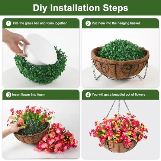 Artificial Hanging Flowers Basket,Fake Daisy Flowers,4 Branches Artificial Hanging Plants in 12 Inch Basket for Outdoor Garden Yard Pouch Patio Indoor Home Decoration (Pink) {3}