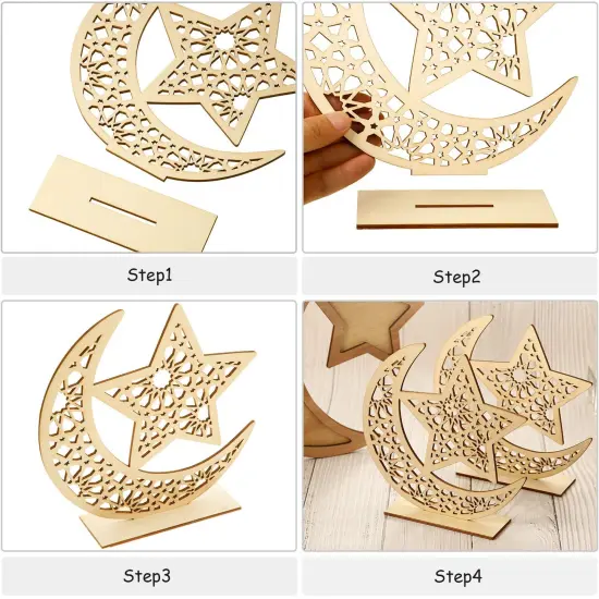2 SetEid Mubarak Wooden Ornament Ramadan Hanging Plaque Moon Star Pendant for Decorations (Classic Style) {6}
