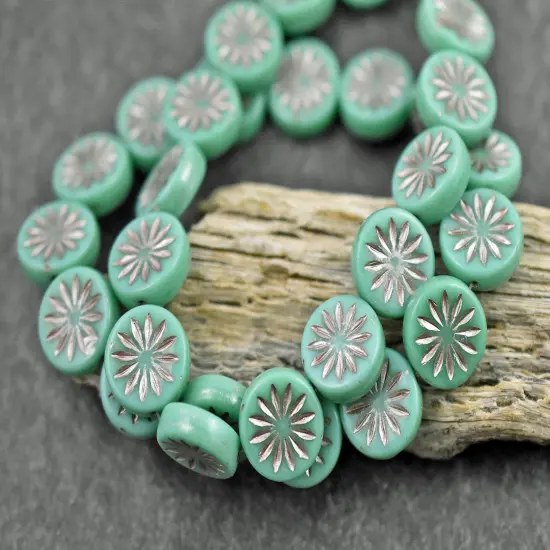 *15* 12mm Platinum Washed Opaque Turquoise Aster Flower Coin Beads {4}