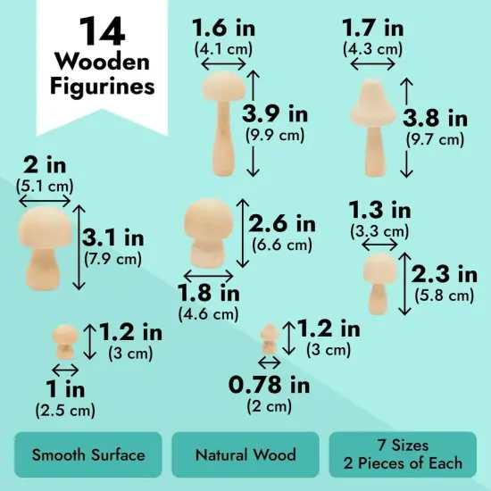 Mini Wooden Mushrooms to Paint, Unfinished Wood Figurines (7 Sizes, 14 Pack) {4}