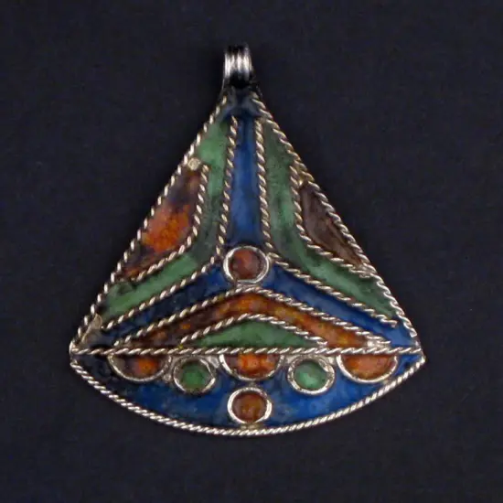 The Bead Chest Triangle Sail Enameled Berber Pendant 40mm Morocco African Multicolor White Metal Large Hole Handmade {1}