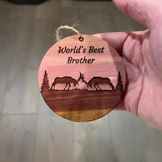 Worlds Best Brother Elk Battle - Cedar Ornament {4}