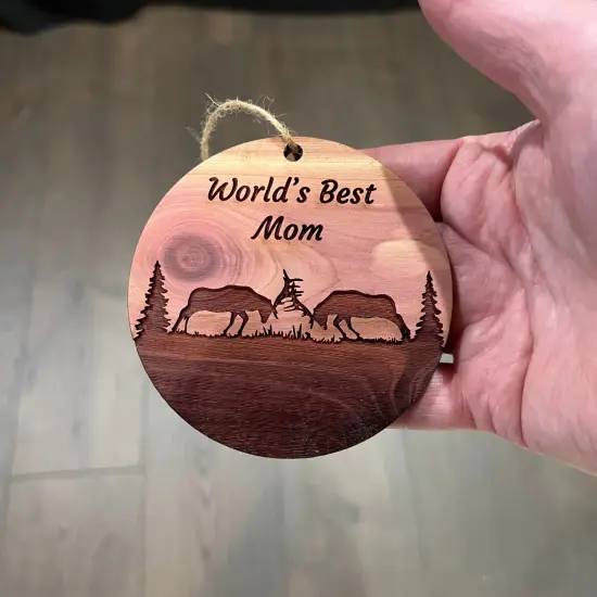 Worlds Best Mom Elk Battle - Cedar Ornament {4}