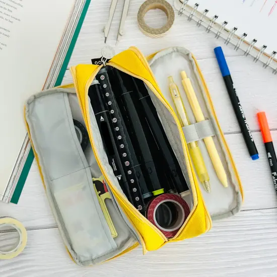 Wrapables Large Capacity Pencil Case, 3 Compartment Pencil Pouch for Stationery Pens, Yellow {5}