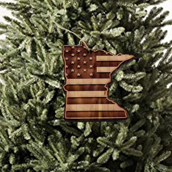 Minnesota and USA Flag - Cedar Ornament {2}