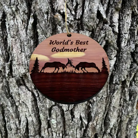 Worlds Best Godmother Elk Battle - Cedar Ornament {1}