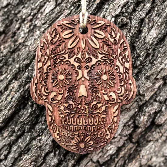 Sugar Skull - Raw Cedar Ornament 3x3in {1}