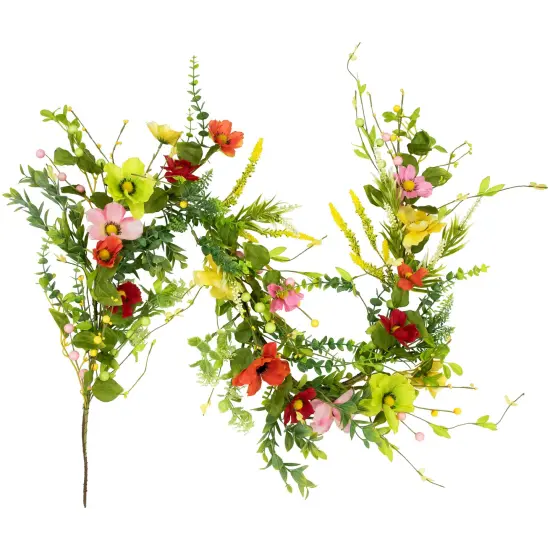 Northlight Poppy and Eucalyptus Spring Garland - 5' - Red and Yellow {7}