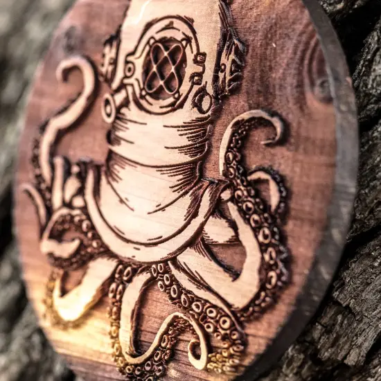 Steampunk Octopus - Raw Cedar Ornament 3x3in {2}