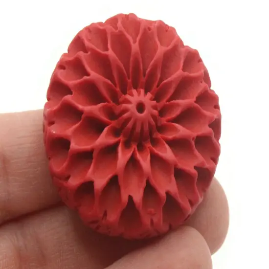 40mm Carved Cinnabar Red Flower Focal Bead {3}