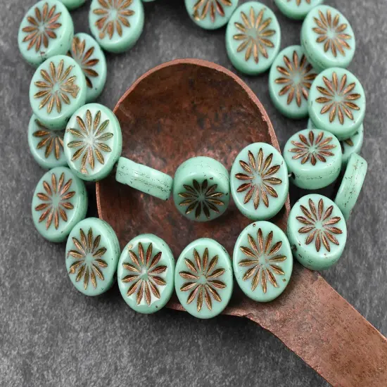 *15* 12mm Dark Bronze Washed Opaque Turquoise Aster Flower Coin Beads {4}