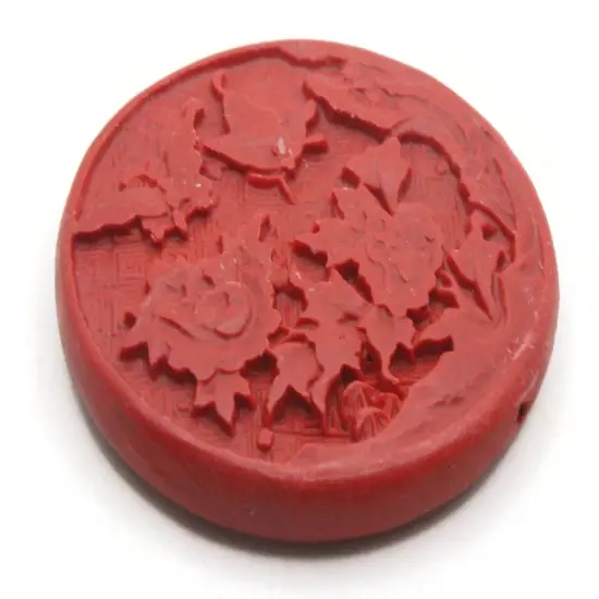 47mm Red Carved Cinnabar Flower and Butterfly Focal Bead {1}
