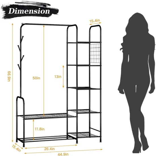 Coat Rack Freestanding Clothing Rack with Shelves Garment Racks for Hanging Clothes with Shoe Rack Black {4}