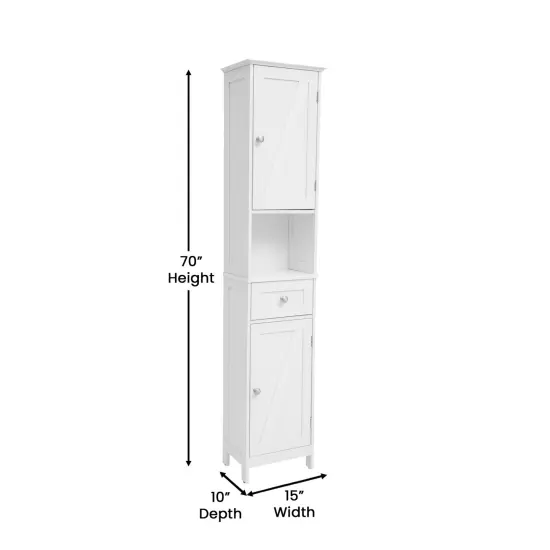 Merrick Lane Delilah Slim Linen Tower Organizer with Storage Drawer, Upper and Lower Cabinets with Magnetic Closure Doors and Open Shelf Brown {12}