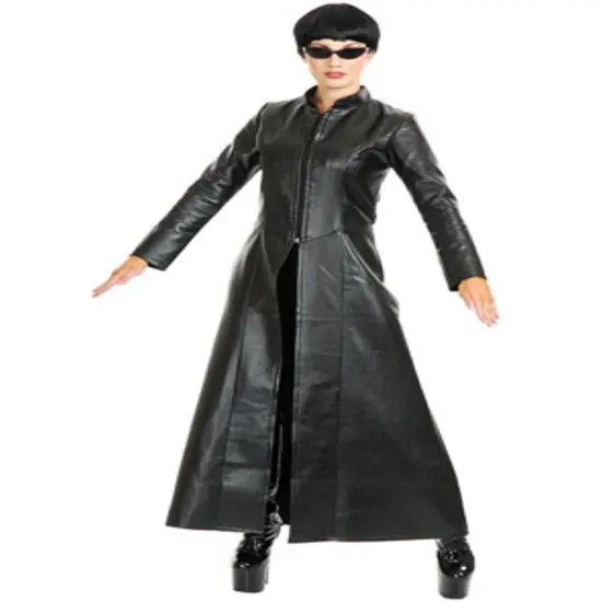 Womens Street Fighter Diva Black Faux Leather Long Jacket Coat {1}