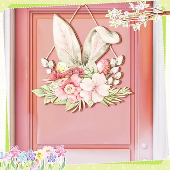 Juexica Easter Door Sign Bunny Ear Hanging Door Decor Easter Flower Wooden Sign Wall Hanging Decorations for Front Door Wood Porch Decor Wall Pediments {3}