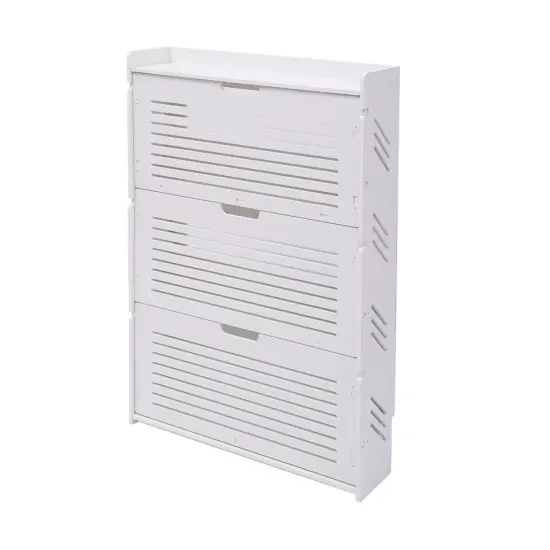 3 Storage Drawers Ultra-Thin Shoe Cabinet Organizer Boots Louvered Holder White {1}