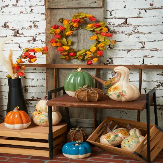 30" Artificial Floral Pick Chinese Lantern Stem Pick Featuring Yellow Red and Green Leaves {3}