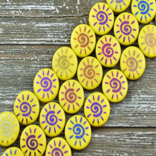 *8* 14mm Opaque Yellow Sliperit Laser Etched Sun Design Coin Beads {6}