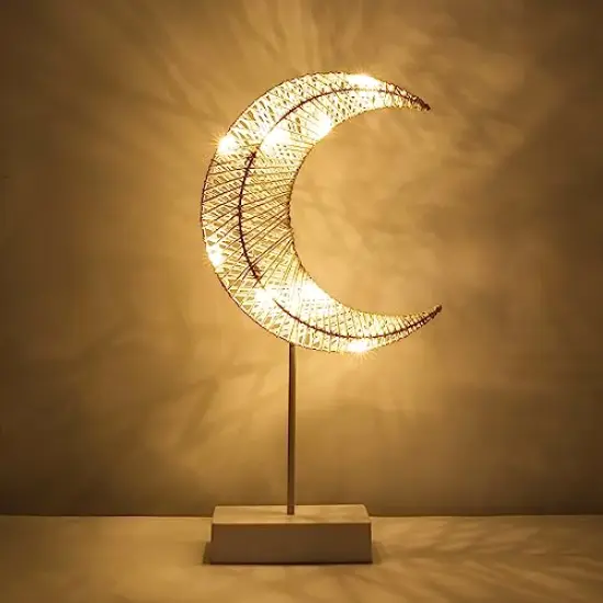 Decorative Table Lamp, Battery Powered Christmas Moon Shape Ramadan Desk Lamp, Winding Thread Warm LED Crescent Light Xmas Home Bedroom Romantic Bedside Desktop Nightstand Decoration - White {2}