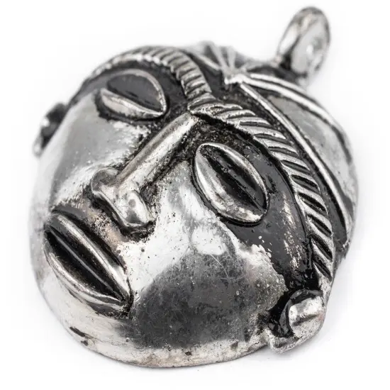 The Bead Chest Round African Silver Mask Pendant (58x62mm): Genuine West African Mask Design for DIY Jewelry & Necklaces {3}