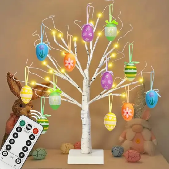 12 Pieces 24" Easter Lighted Birch Tree withOrnaments,Warm White LED Birch Tree Light Tabletop Artificial Tree 8 Lighting Modes USB or Batteries Operated with Timer for Easter Decor {2}