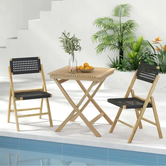Costway 2/4 Piece Patio Folding Chairs with Woven Rope Seat & High Back Indonesia Teak Wood for Porch Natural&Black {4}
