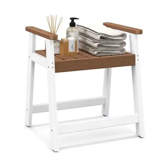 Costway Waterproof HDPE Shower Bench Bathroom Shower Chair with Armrest Heavy Duty White/Brown {8}