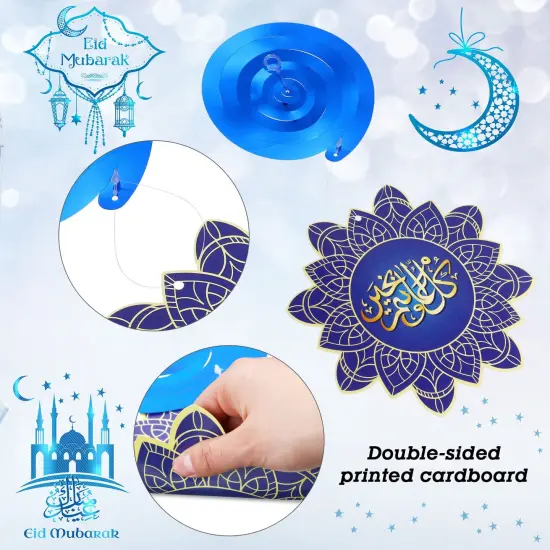 30 PCS Ramadan Mubarak Decorations, Eid Mubarak Hanging Swirl Shining Gold Star Moon Lantern Ceiling Foil Decor for Eid Al-fitr Party Egyptian Holiday Decorations Supplies (Blue and Gold) {6}