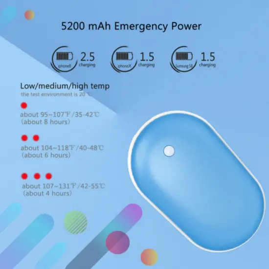 Rechargeable Hand Warmers Hot Hands 5200mAh Heated Electric Heater Power Bank Blue {2}