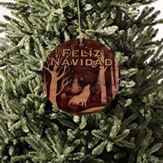 Feliz Navidad Winter Wolf - cedar ornament {3}