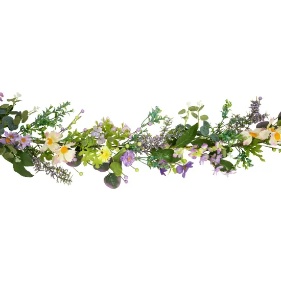 Northlight Daisy and Mixed Foliage Floral Spring Garland - 5' - Purple Green {4}