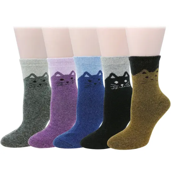 Wrapables Women's Thick Winter Warm Cat Print Wool Socks (Set of 5) {1}