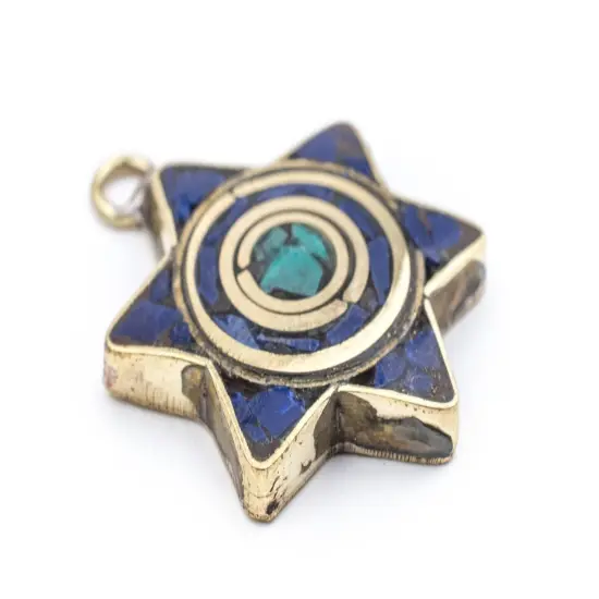The Bead Chest Nepali Star of David Pendant: Authentic Ethnic Judaica Brass Charm Inlaid with Stone for DIY Necklace and Jewelry (Blue & Turquoise) {3}