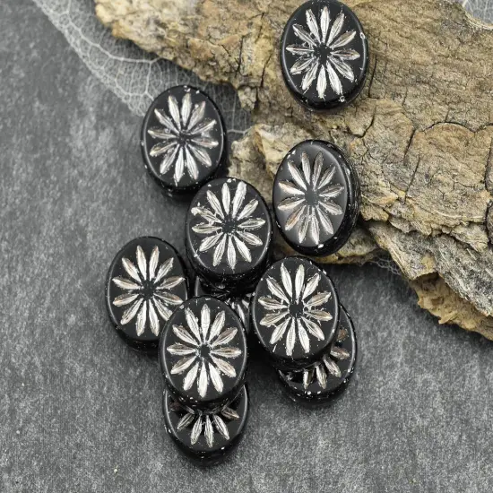 *15* 12mm Platinum Washed Jet Black Aster Flower Coin Beads {1}