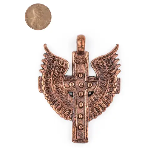 Angel Wings Ethiopian Copper Cross Pendant (80x60mm): Authentic Ethiopian East African Design for Jewelry & Necklace Making {2}