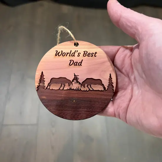Worlds Best Dad Elk Battle - Cedar Ornament {4}