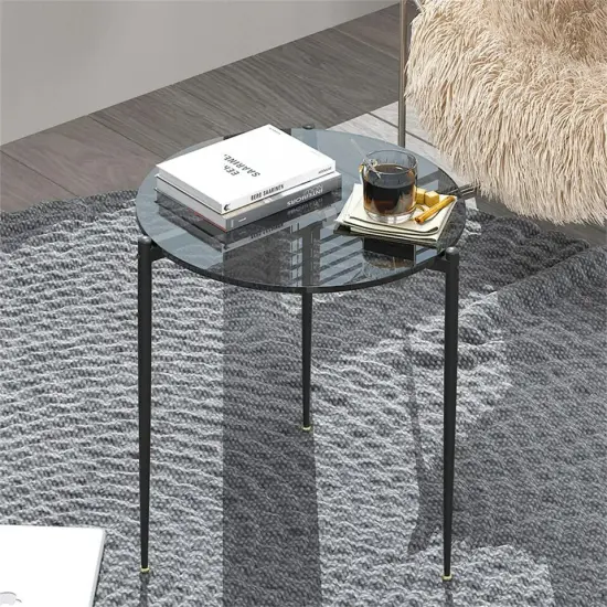 Gray Glass Circular Side Table Ins Leisure Coffee Table Bedside Table {3}