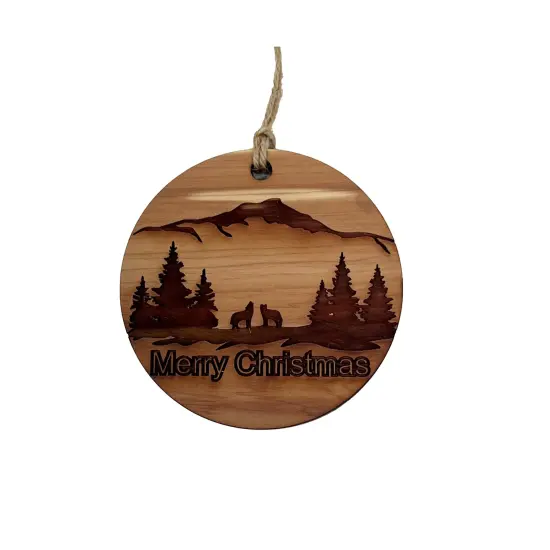Merry Christmas Howling Wolves - Raw Cedar Ornament 3x3in {1}