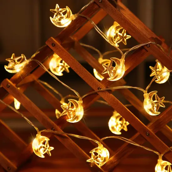 Moon Star String Lights for Eid Decorations, 6.6 ft 20 LEDs Ramadan Festival Lights, Fairy String Lights Battery Operated Indoor Outdoor, Warm White {3}